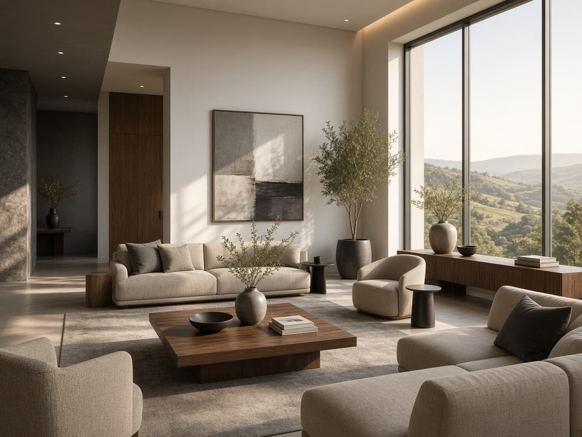 Lobby de Sierragrandar con arte y mobiliario en walnut
