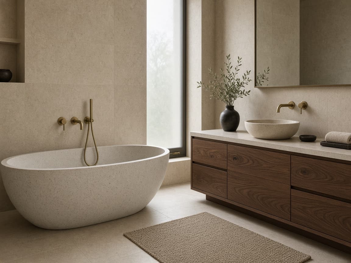 Detalle de baño en piedra y walnut